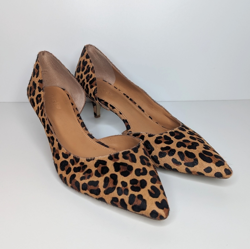 J. Crew leather pony hair cheetah animal print kitten heel point toe pumps sz 11